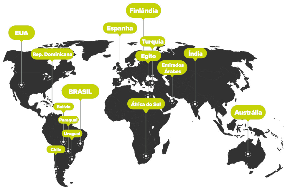 Mapa com os países onde a HM Rubber atua: Brasil, EUA, Rep. Dominicana, Bolívia, Paraguai, Uruguai, Chile, Espanha, Finlândia, Turquia, Egito, Emirados Árabes, Índia, África do Sul e Austrália