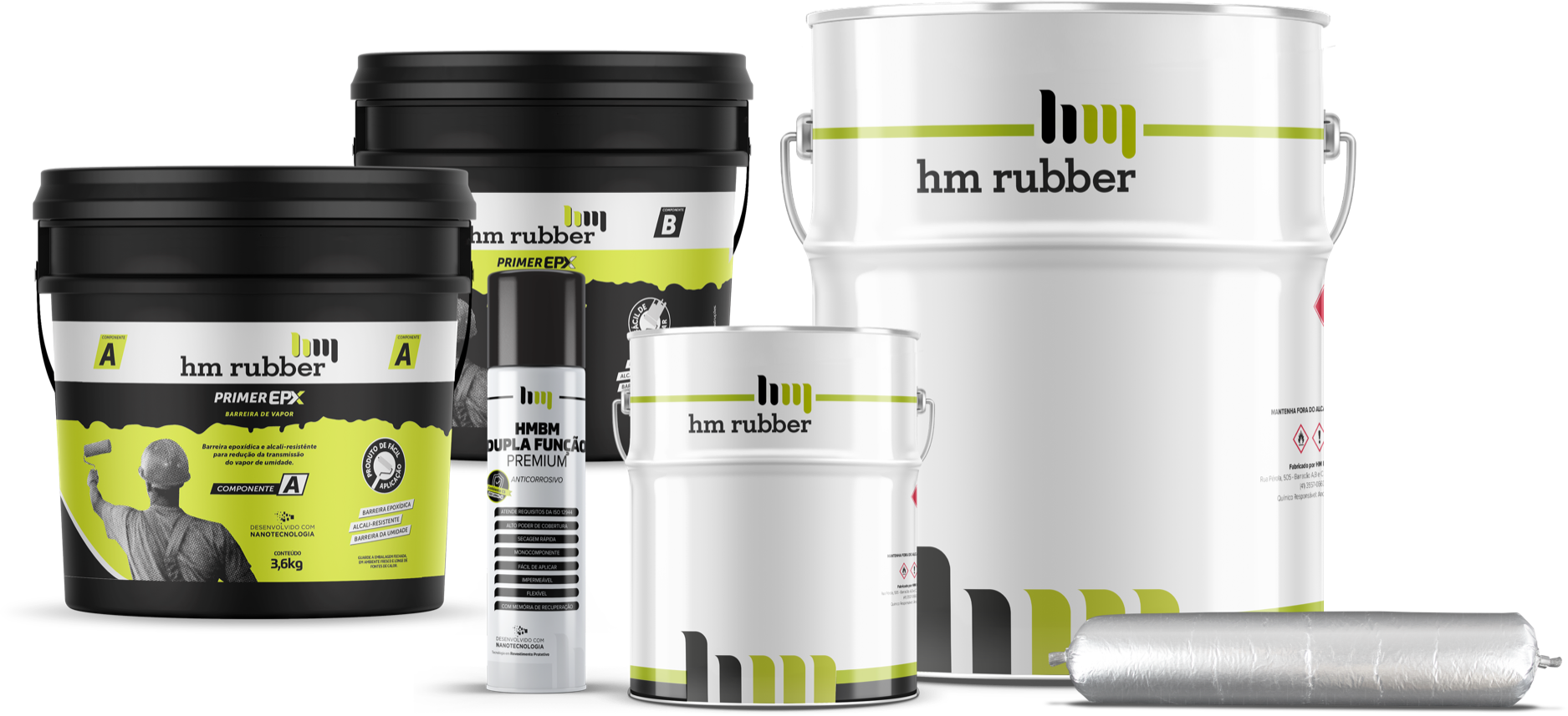 Linha Técnica HM Rubber: Primer EPX, HMBM Dupla Função Premium, baldes 18 kg e 3,6 kg, HM MS