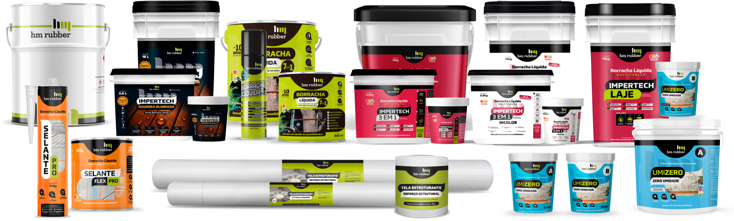 Linha Varejo HM Rubber 2026: Impertech 3 em 1, Incolor, Laje, Madeira, Borracha Líquida 7 em 1, Selante Flex Pro, Umizero e Tela Estruturante